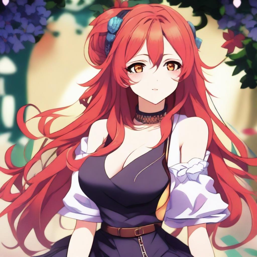 A stunningly beautiful anime female character with flowing red hair, honey-colored eyes, and a voluptuous figure