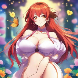 A stunningly beautiful anime female character with flowing red hair, honey-colored eyes, and a voluptuous figure