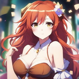 A stunningly beautiful anime female character with flowing red hair, honey-colored eyes, and a voluptuous figure