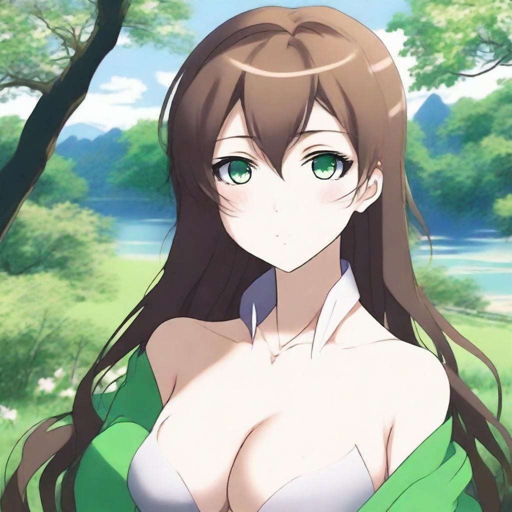 Create an image of a stunningly beautiful anime female character with brown hair, green eyes, and a voluptuous figure