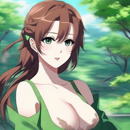 Create an image of a stunningly beautiful anime female character with brown hair, green eyes, and a voluptuous figure