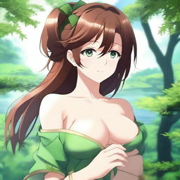 Create an image of a stunningly beautiful anime female character with brown hair, green eyes, and a voluptuous figure