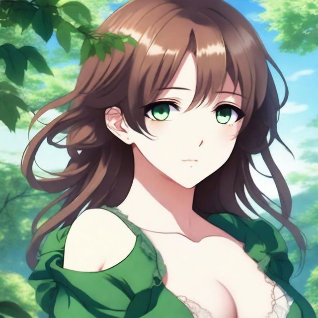 Create an image of a stunningly beautiful anime female character with brown hair, green eyes, and a voluptuous figure