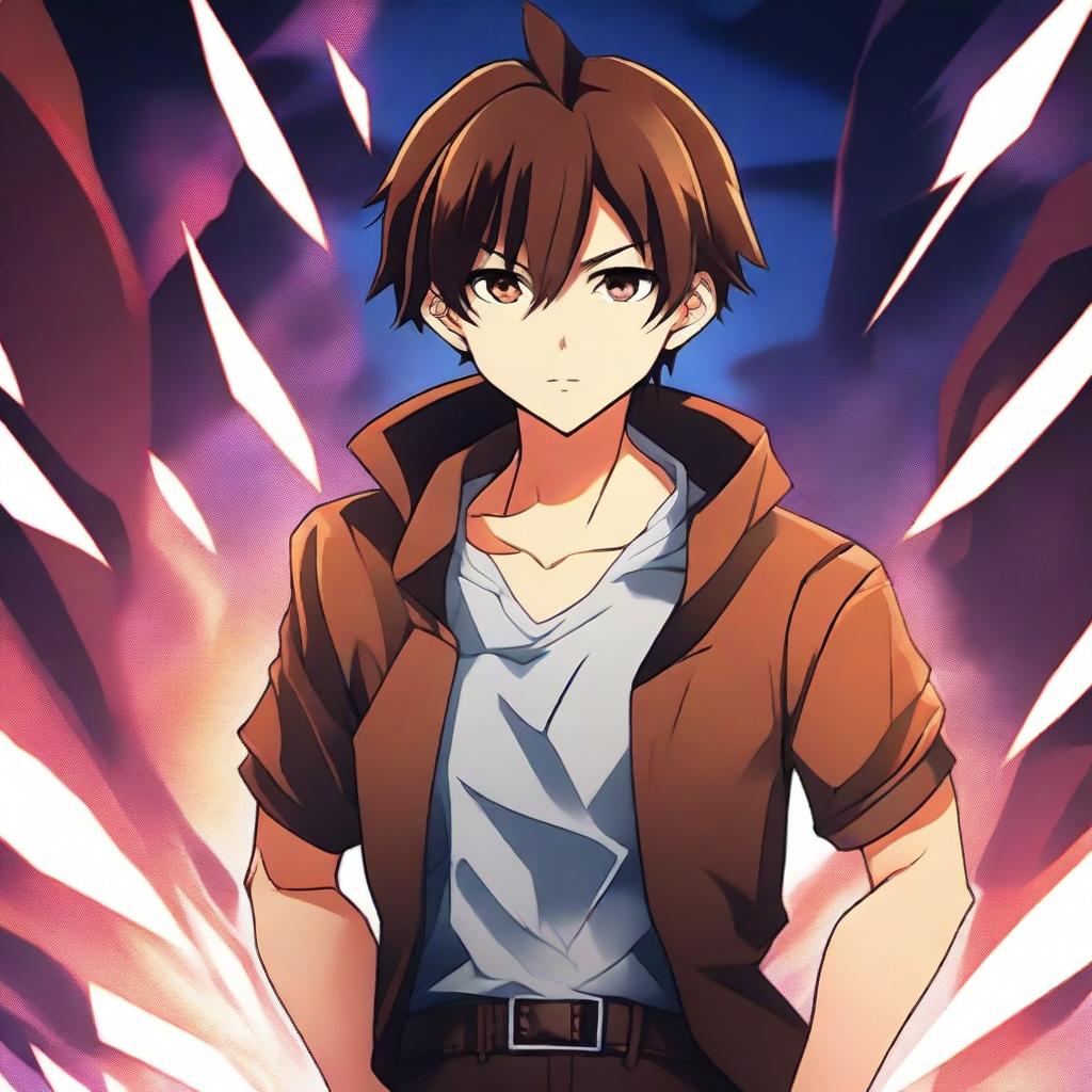 A badass anime boy with very short brown hair and brown eyes, standing confidently with a determined expression