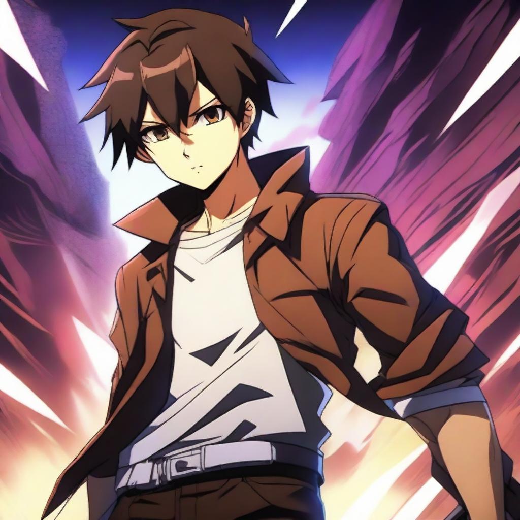 A badass anime boy with very short brown hair and brown eyes, standing confidently with a determined expression