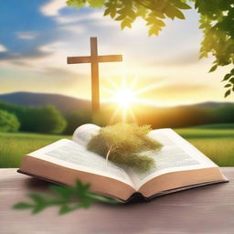 A serene and peaceful Christian book cover featuring a cross, an open Bible, and a radiant light shining from above