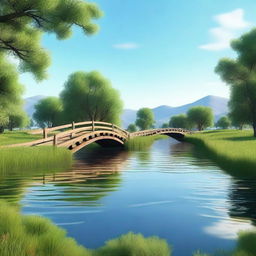 Create a high-quality computer-generated image featuring a serene landscape with a clear blue sky, lush green fields, and a calm river flowing through the scene