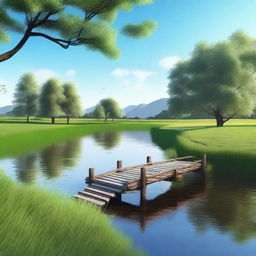 Create a high-quality computer-generated image featuring a serene landscape with a clear blue sky, lush green fields, and a calm river flowing through the scene