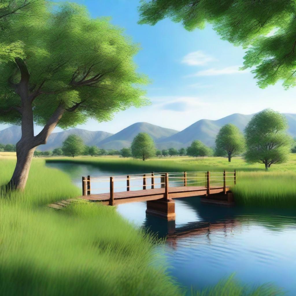 Create a high-quality computer-generated image featuring a serene landscape with a clear blue sky, lush green fields, and a calm river flowing through the scene