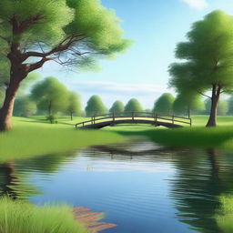 Create a high-quality computer-generated image featuring a serene landscape with a clear blue sky, lush green fields, and a calm river flowing through the scene