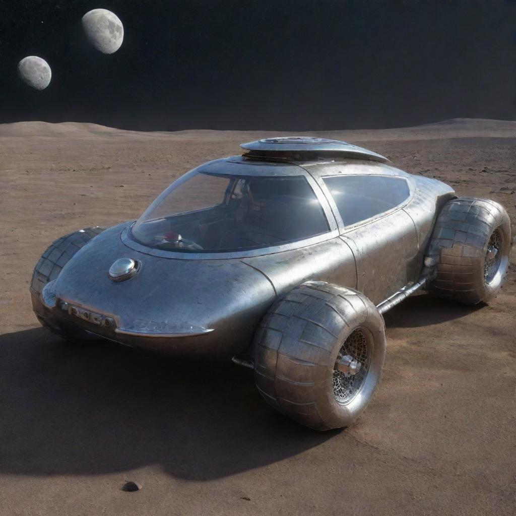 A space car designed in Moonpunk style, featuring low gravity aesthetics, lunar-dust resistant finishes, crater-inspired indentations, and atomic age design elements running on space fuel