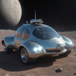 A space car designed in Moonpunk style, featuring low gravity aesthetics, lunar-dust resistant finishes, crater-inspired indentations, and atomic age design elements running on space fuel