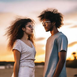 A beautiful short girl with curly hair and glasses, fair skin, standing next to a tall, slim, handsome boy with semi-curly hair and darker skin