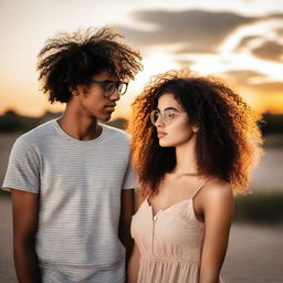 A beautiful short girl with curly hair and glasses, fair skin, standing next to a tall, slim, handsome boy with semi-curly hair and darker skin