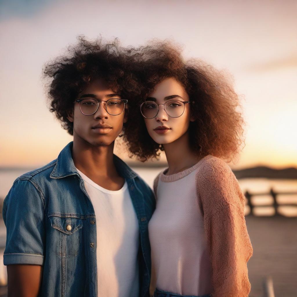 A beautiful short girl with curly hair and glasses, fair skin, standing next to a tall, slim, handsome boy with semi-curly hair and darker skin