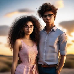 A beautiful short girl with curly hair and glasses, fair skin, standing next to a tall, slim, handsome boy with semi-curly hair and darker skin