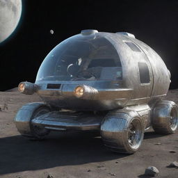 A space car designed in Moonpunk style, featuring low gravity aesthetics, lunar-dust resistant finishes, crater-inspired indentations, and atomic age design elements running on space fuel