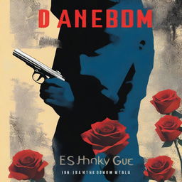 A book cover indicating danger with a shadowy figure in the background, a faint image of a gun, and a rose with thorns