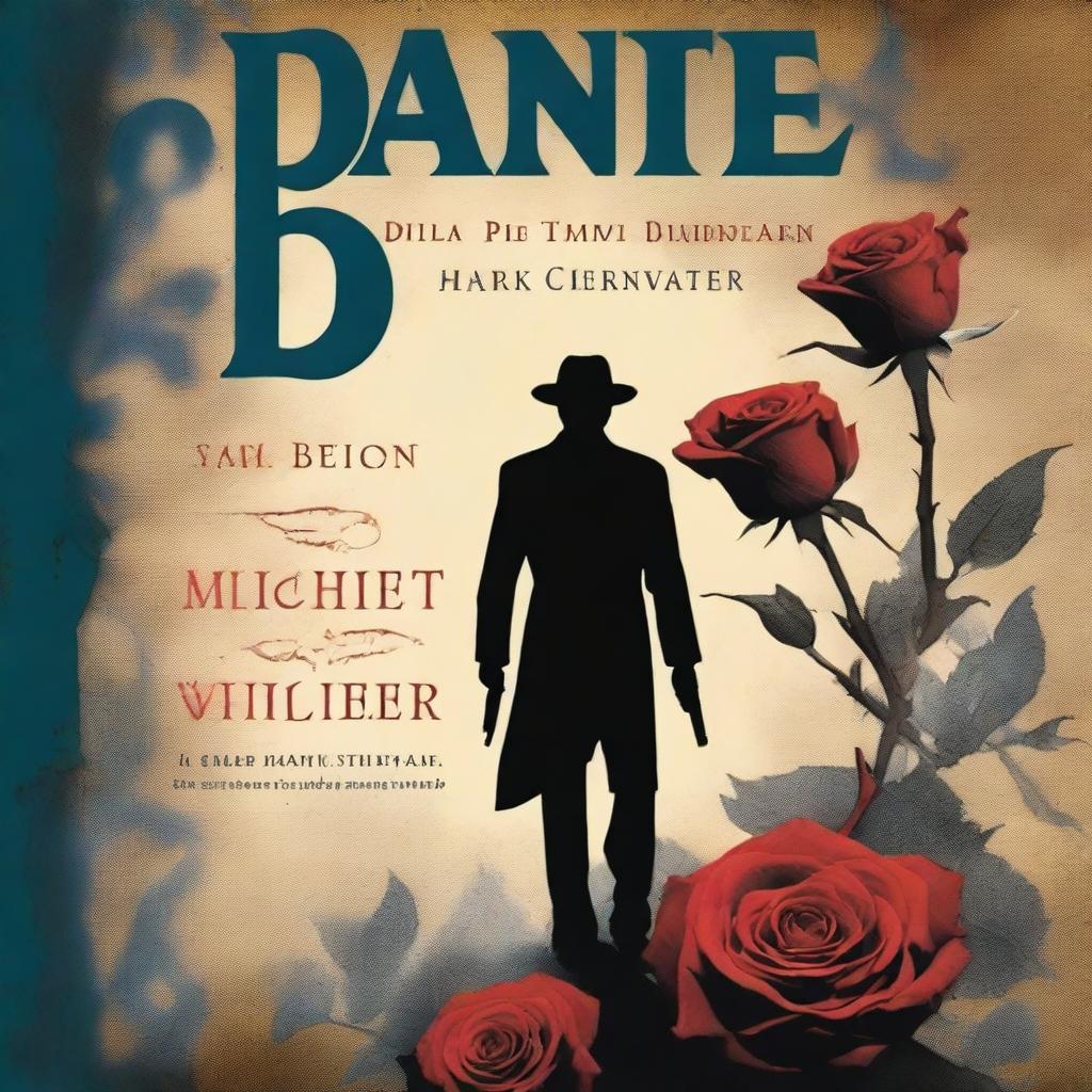 A book cover indicating danger with a shadowy figure in the background, a faint image of a gun, and a rose with thorns