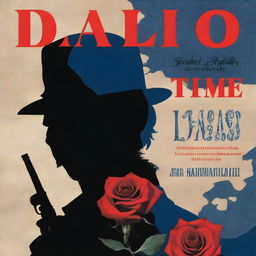 A book cover indicating danger with a shadowy figure in the background, a faint image of a gun, and a rose with thorns