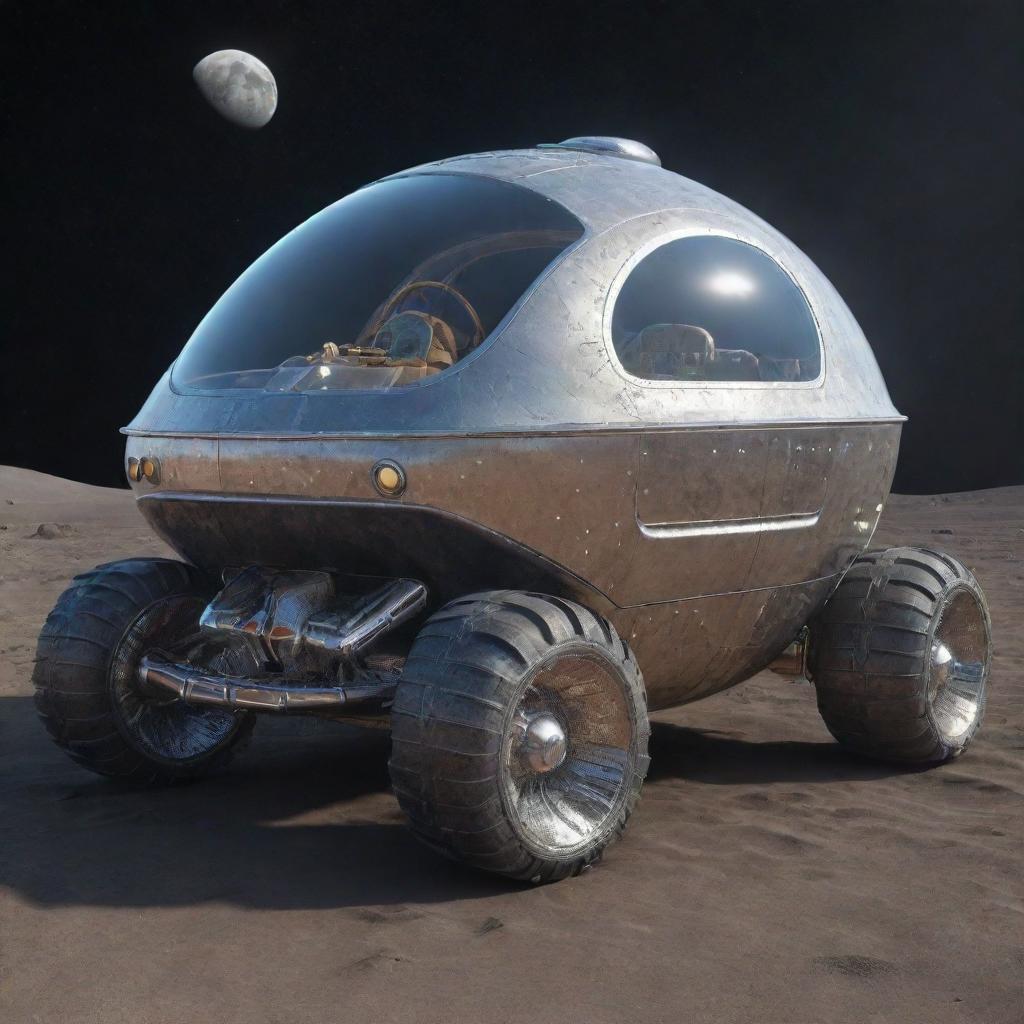 A space car designed in Moonpunk style, featuring low gravity aesthetics, lunar-dust resistant finishes, crater-inspired indentations, and atomic age design elements running on space fuel