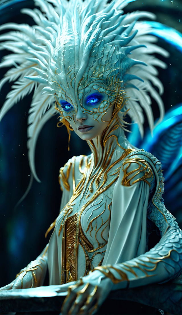 A beautiful alien with piercing blue eyes and white dragon-like skin stands on a 74-degree platform. Her hair is made of peacock feathers and golden veins are visible beneath her skin. Sapphire stones are embedded in her elongated head and her fingers are gold and white.