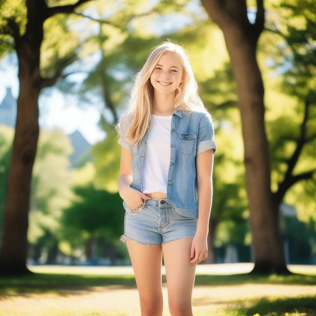 A teenage blonde girl wearing jean shorts, standing confidently with a smile on her face