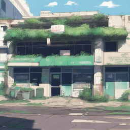 A detailed scene of the exterior of an abandoned, overgrown supermarket in anime style