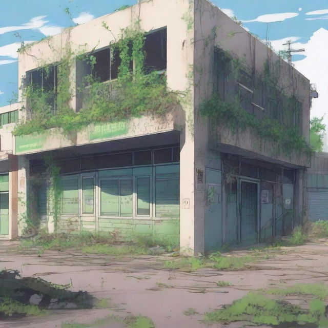 A detailed scene of the exterior of an abandoned, overgrown supermarket in anime style