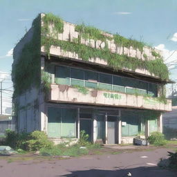 A detailed scene of the exterior of an abandoned, overgrown supermarket in anime style