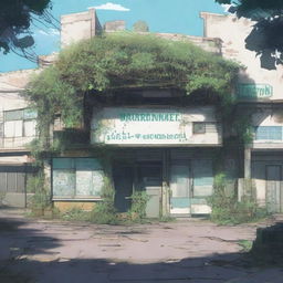 A detailed scene of the exterior of an abandoned, overgrown supermarket in anime style