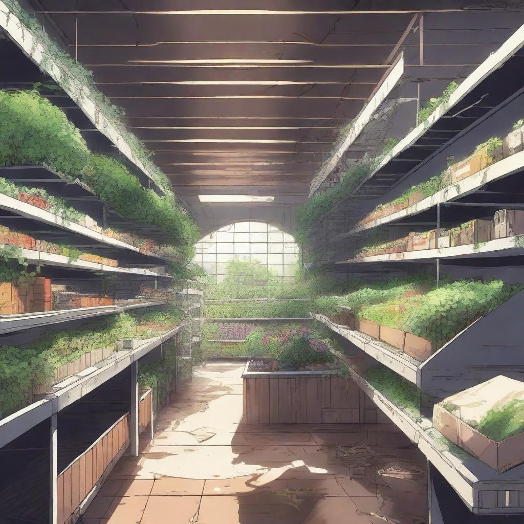 A detailed scene of the interior of an abandoned, overgrown supermarket in anime style