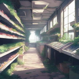 A detailed scene of the interior of an abandoned, overgrown supermarket in anime style