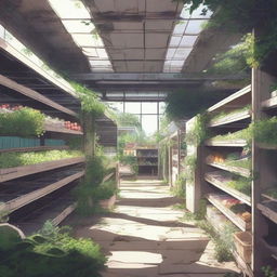 A detailed scene of the interior of an abandoned, overgrown supermarket in anime style