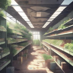 A detailed scene of the interior of an abandoned, overgrown supermarket in anime style