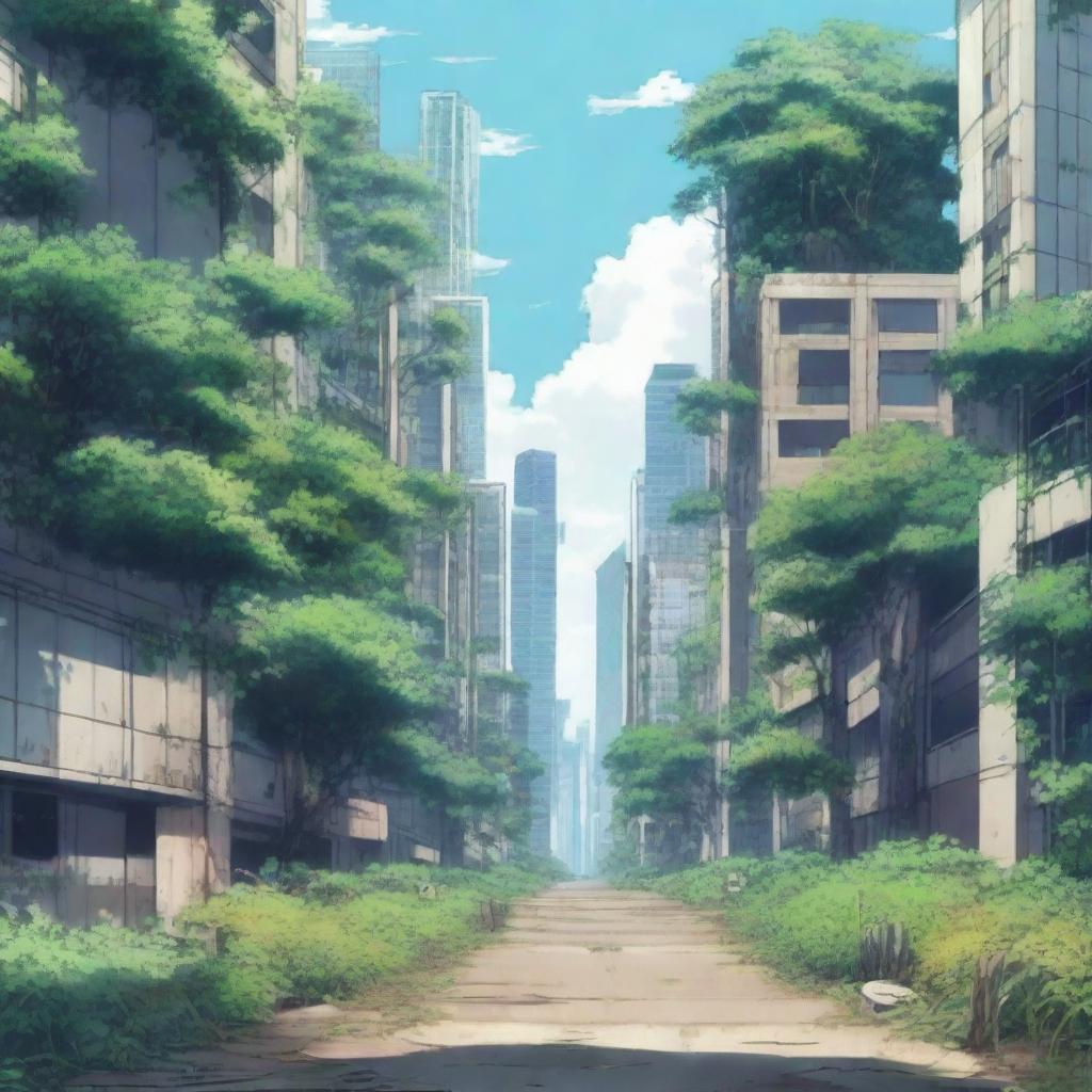 A panoramic view of an overgrown city in anime style