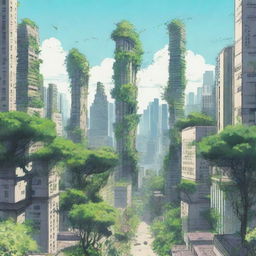 A panoramic view of an overgrown city in anime style