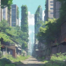 A panoramic view of an overgrown city in anime style