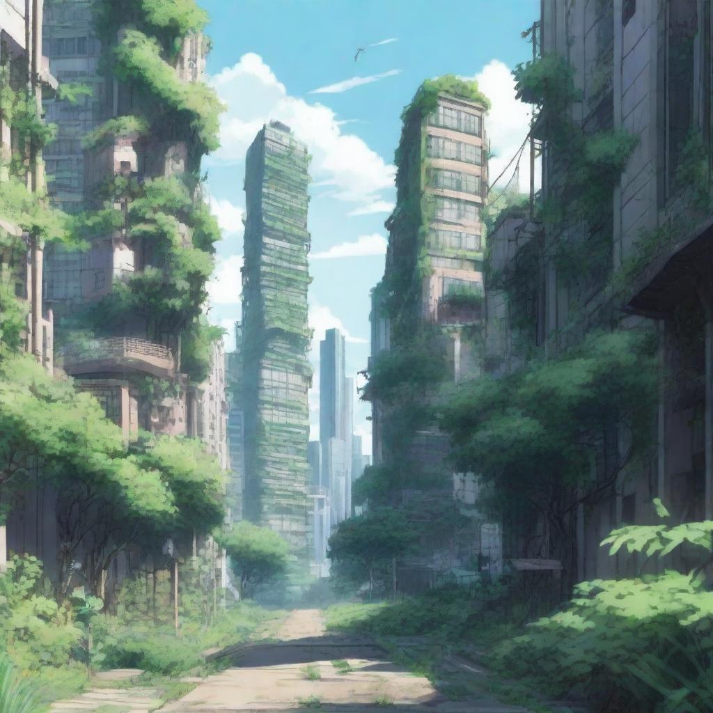 A panoramic view of an overgrown city in anime style