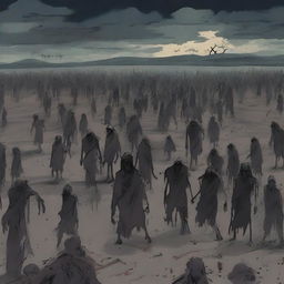 A distant view of a hundred zombies in anime style