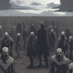 A distant view of a hundred zombies in anime style