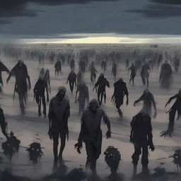 A distant view of a hundred zombies in anime style