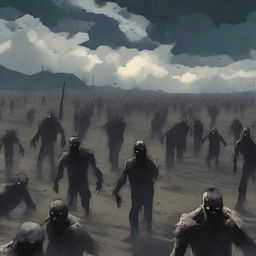 A distant view of a hundred zombies in anime style