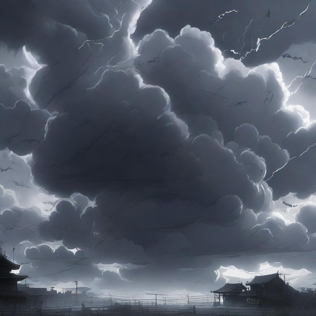 A dramatic scene featuring dark clouds in anime style