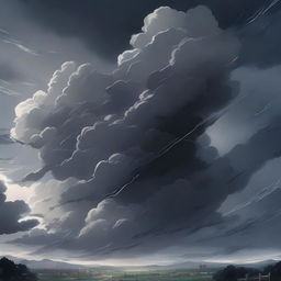 A dramatic scene featuring dark clouds in anime style