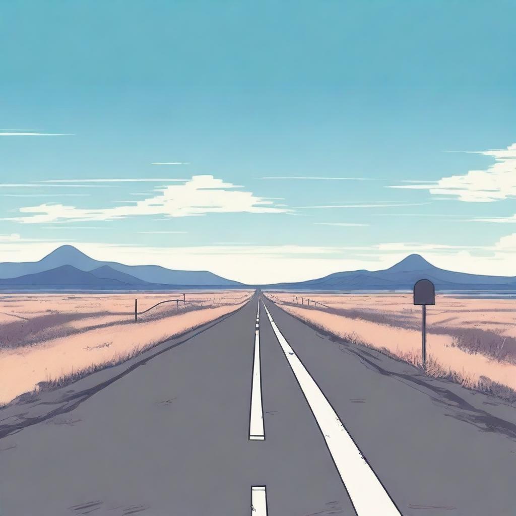 An anime-style scene featuring a long, empty road stretching into the distance