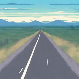 An anime-style scene featuring a long, empty road stretching into the distance