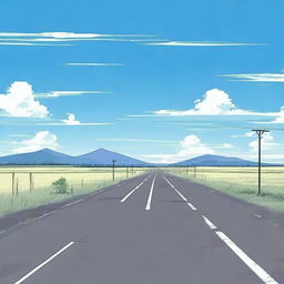 An anime-style scene featuring a long, empty road stretching into the distance