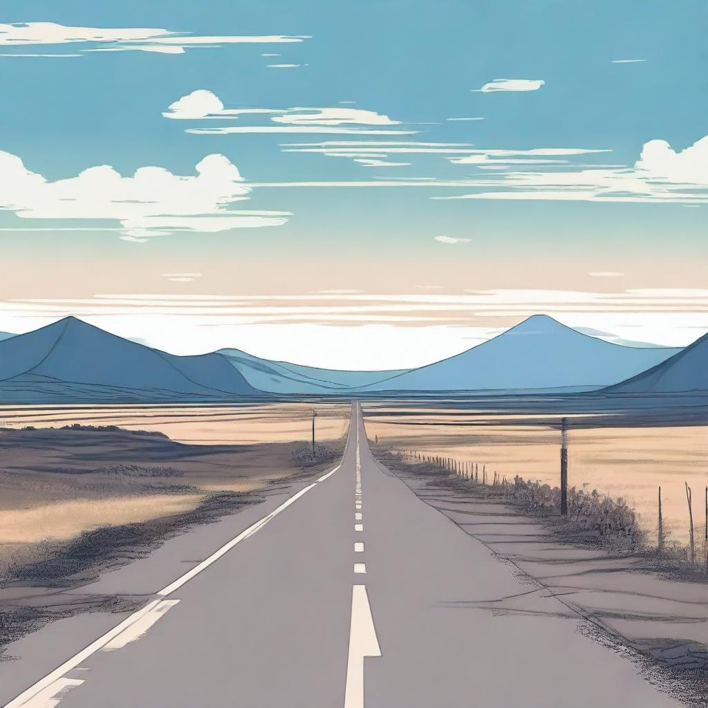 An anime-style scene featuring a long, empty road stretching into the distance