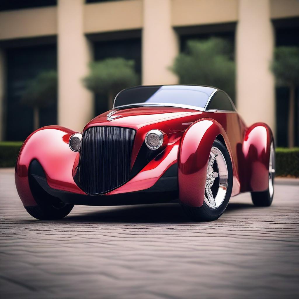 A stunning hybrid car combining the classic elegance of a 1939 cherry red Chevy with the futuristic design of the Devel Sixteen